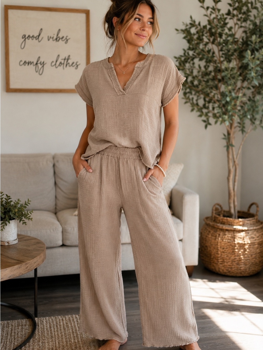Zenana Acid Wash Ash Mocha Cotton Gauze Wide-Leg Pant Set - Top & Bottom - Picture 2 of 9